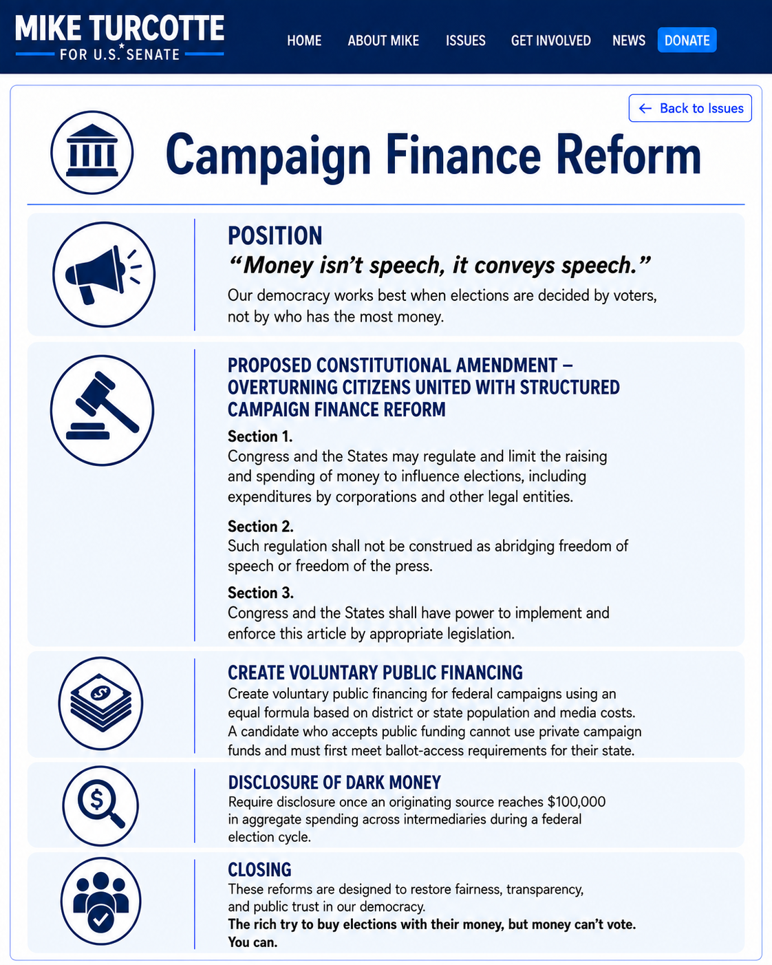 Campaign Finance Reform campaign page